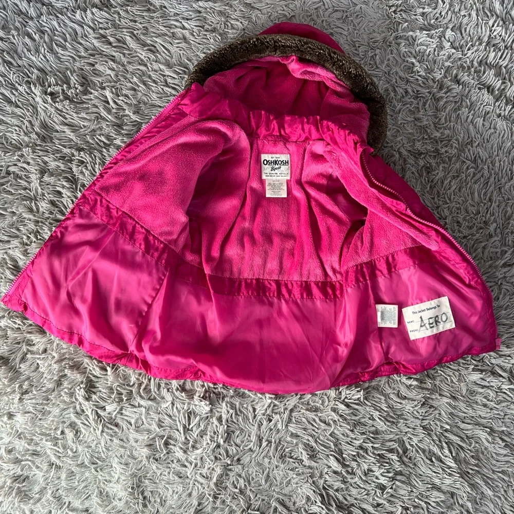 OshKosh Bgosh Girls Hot Pink Faux Fur Trim Hooded Puffer Jacket Coat Size‎ 4